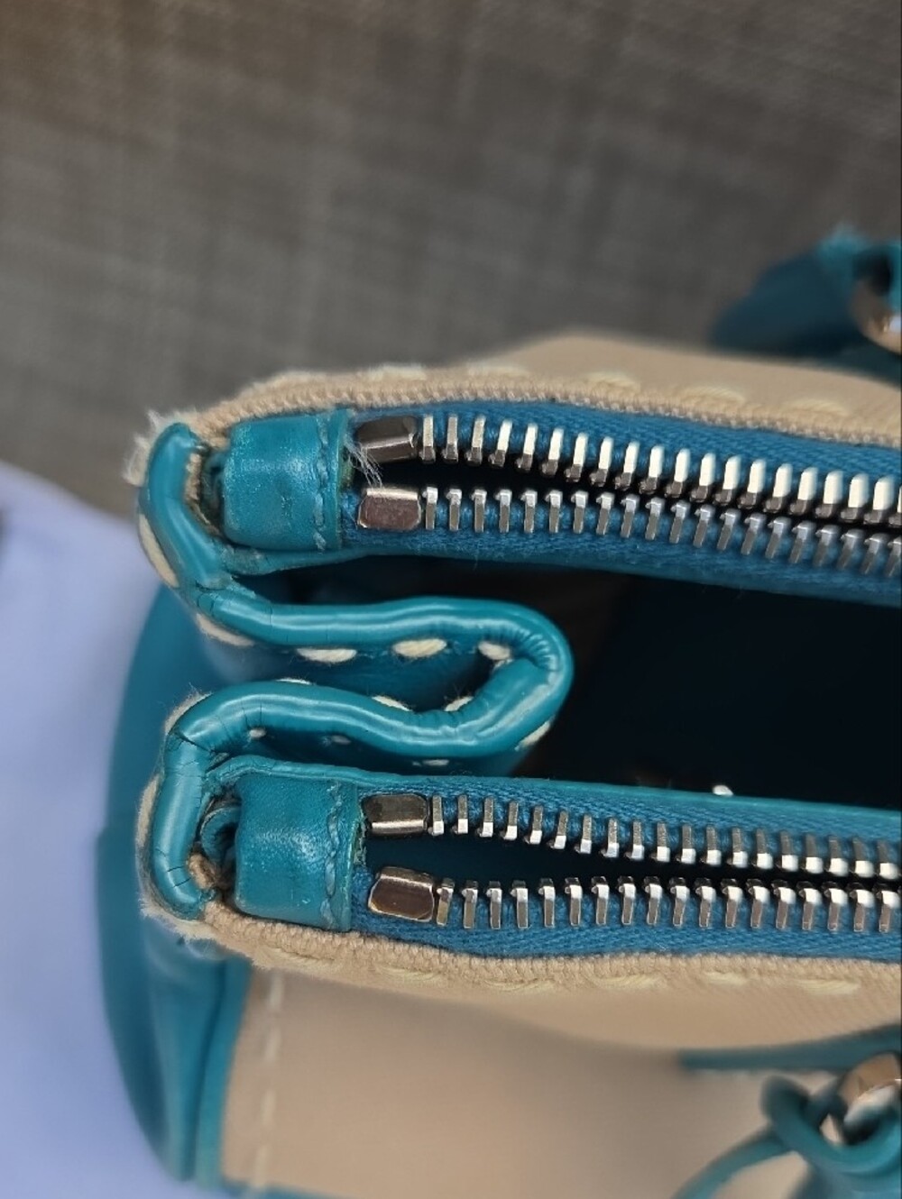 Prada Beige Canvas Satchel with Teal Leather Trim - Picture 16 of 17